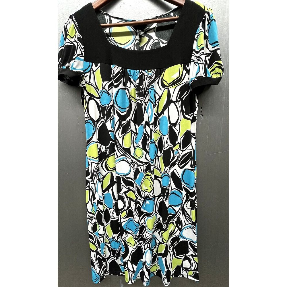 Studio 1940 Dress L Black Blue Green Stretch‎ Midi Short Sleeve Square Neck